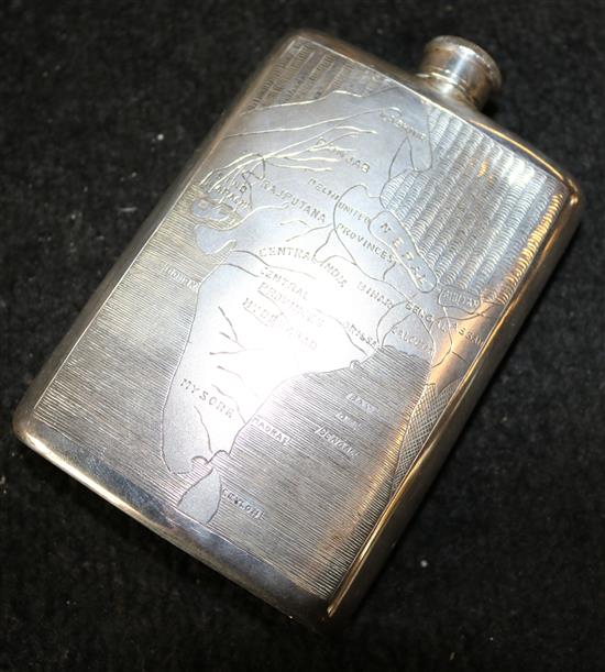 Sterling silver hip flask, engraved with a map of India, with screw top